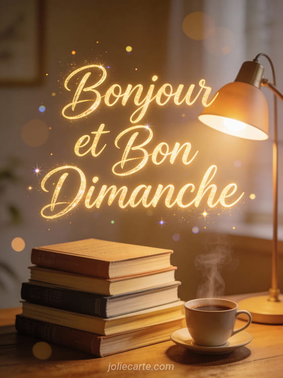 Carte citation bonjour et bon dimanche avec pile de livres, café fumant et lampe de lecture