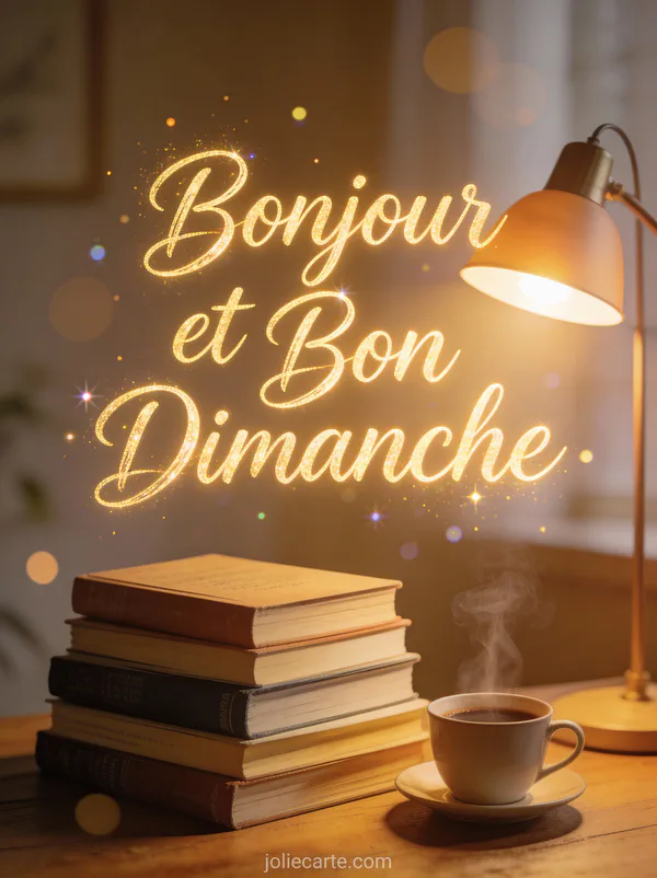 Carte citation bonjour et bon dimanche avec pile de livres, café fumant et lampe de lecture