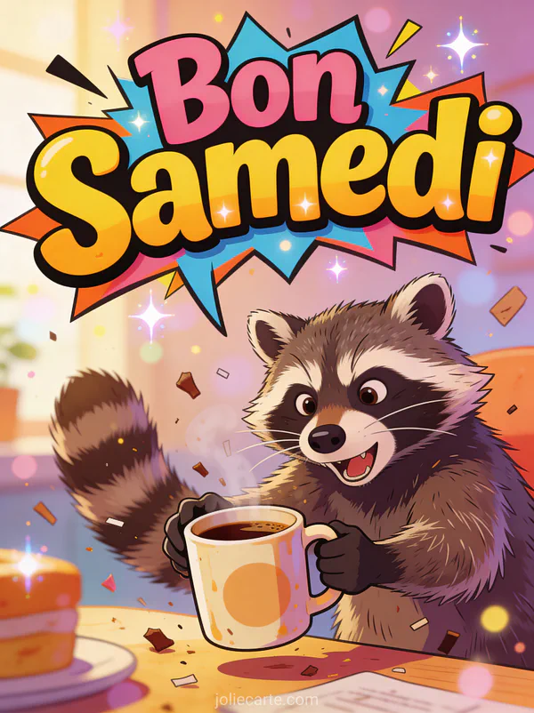 Gif bon samedi humour avec raton laveur espiègle volant tasse café scène chaos matinal animée drôle