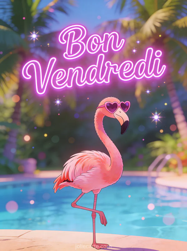 Flamant rose rigolo avec lunettes en coeur sur une patte dans ambiance pool party avec texte Bon Vendredi