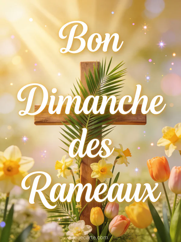 Carte souhaiter bon dimanche des Rameaux avec croix en bois, palmes et fleurs printanières