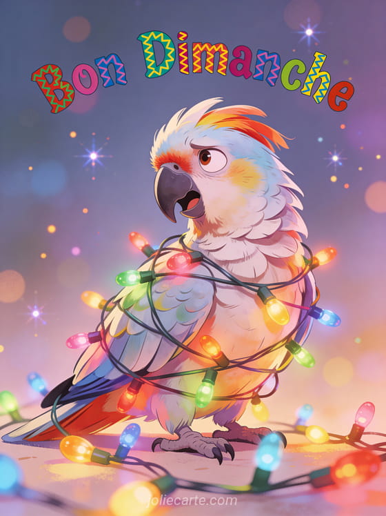 GIF bon dimanche humour avec perroquet coloré emmêlé dans des guirlandes lumineuses