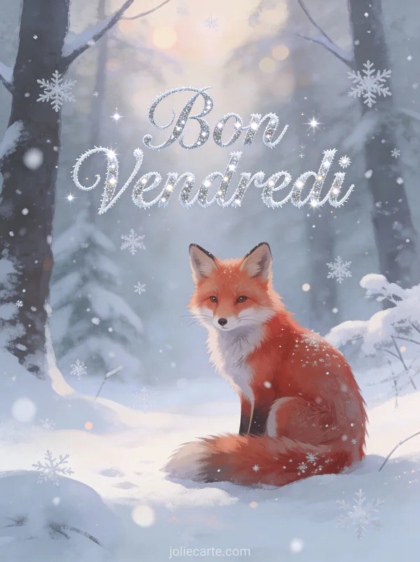 Renard roux assis dans forêt enneigée avec flocons qui tombent et texte Bon Vendredi argenté