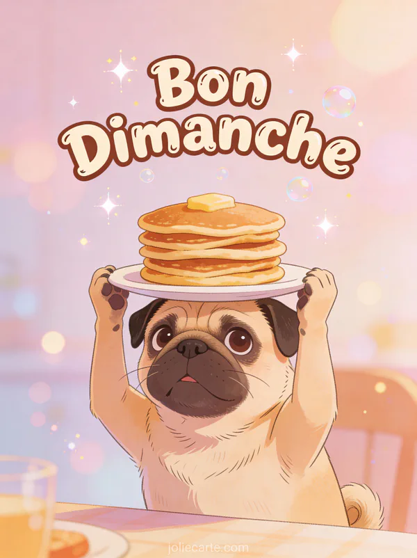 GIF humoristique bon dimanche avec carlin équilibrant une pile de pancakes sur la tête