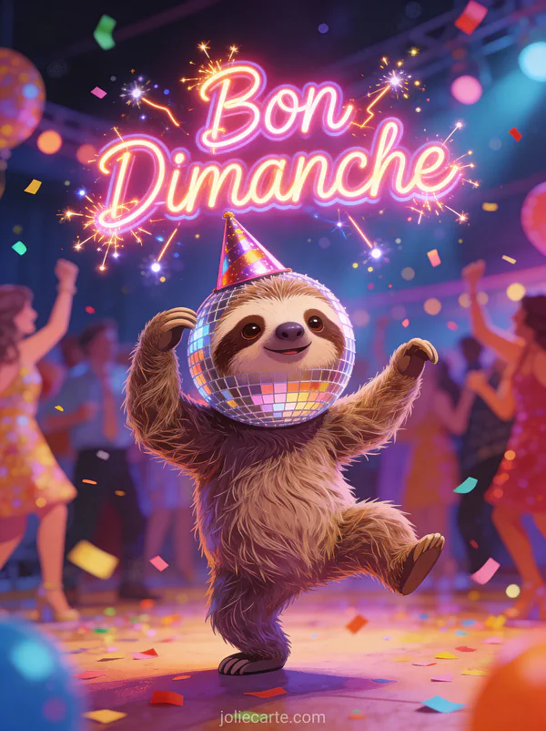 Carte bon dimanche humour animé avec paresseux dansant sous boule disco et chapeau de fête