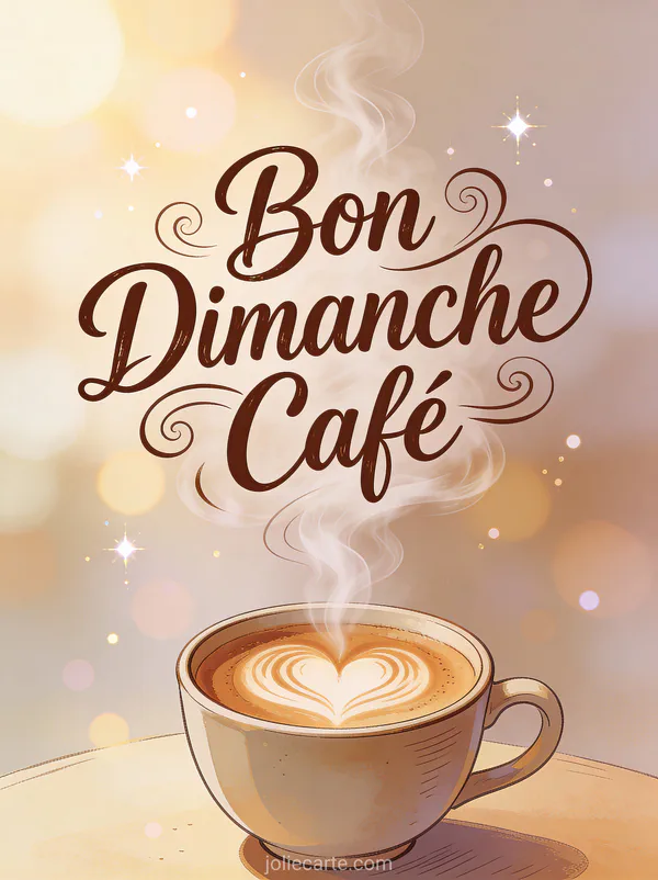 Carte bon dimanche café avec latte art en forme de coeur dans une tasse en céramique