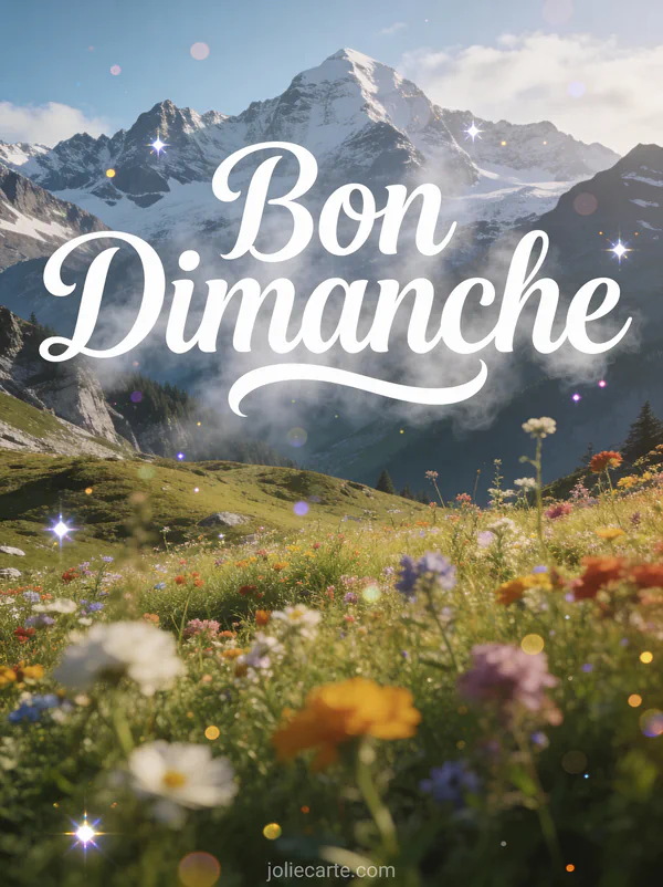 Carte paysage bon dimanche avec prairie alpine fleurie et montagnes enneigées au loin