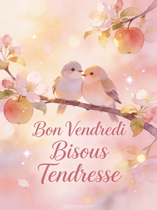 Deux inséparables tendrement posés sur branche de pommier en fleurs avec texte Bon Vendredi aquarelle