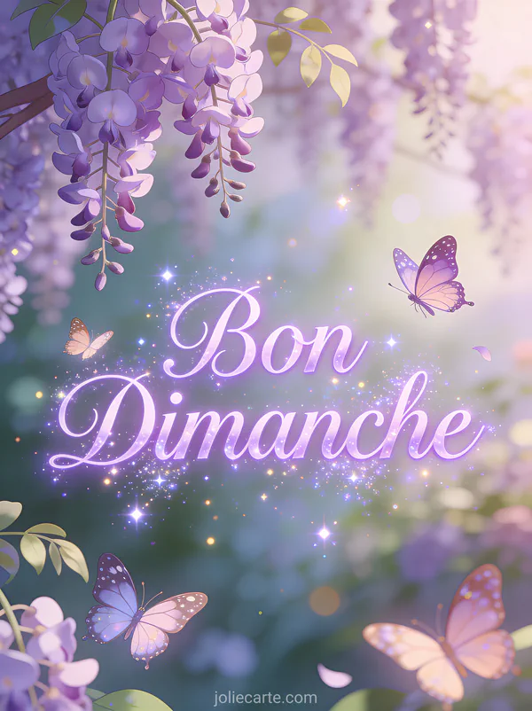 GIF animé bon dimanche avec papillons virevoltant autour de glycine violette en fleurs