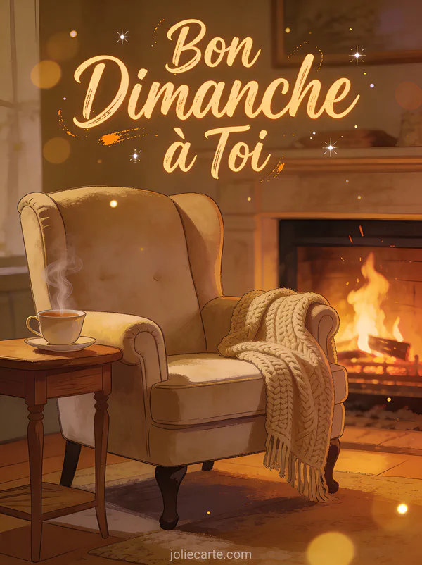 Carte bon dimanche à toi avec fauteuil cosy, plaid et tasse de thé près de la cheminée