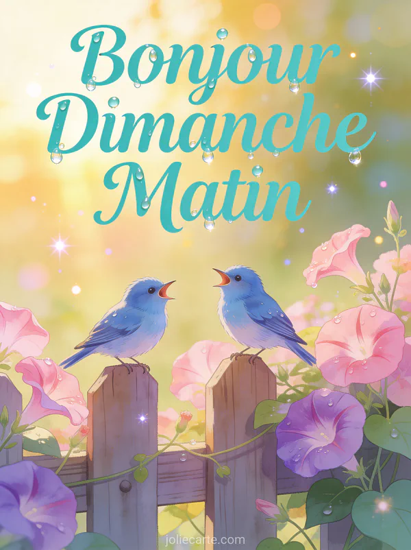 Carte bonjour dimanche matin avec oiseaux bleus sur clôture et ipomées fleuries