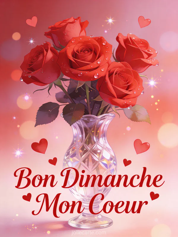 Carte bon dimanche mon coeur avec roses rouges dans vase en cristal et petits coeurs