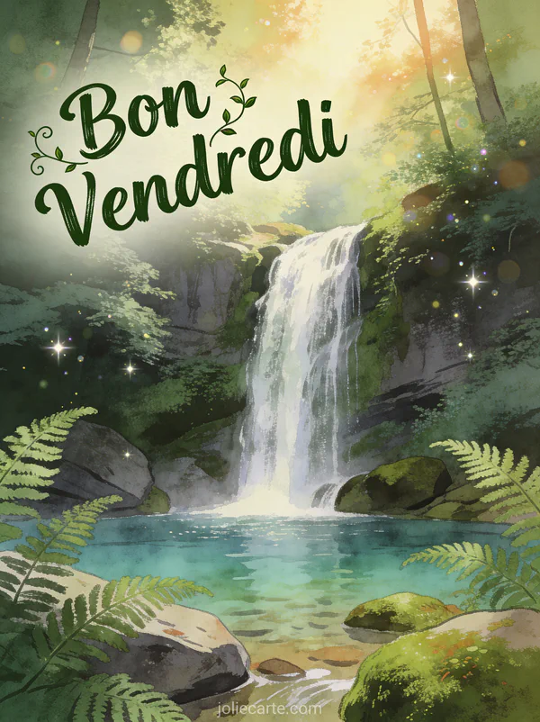 Cascade majestueuse tombant dans bassin cristallin entouré de fougères et rochers moussus avec texte Bon Vendredi