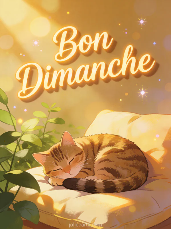 Carte bon dimanche chat avec chat tigré lové sur coussin ensoleillé près des plantes