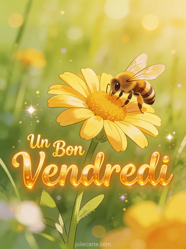 Bourdon se posant sur marguerite jaune dans prairie estivale avec texte Un Bon Vendredi doré