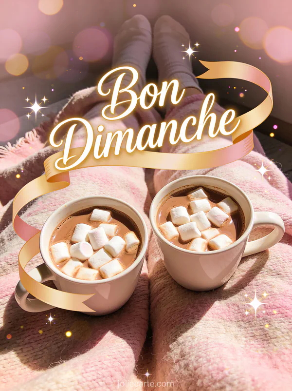 Image bon dimanche amitié avec deux tasses de chocolat chaud aux marshmallows sur couverture