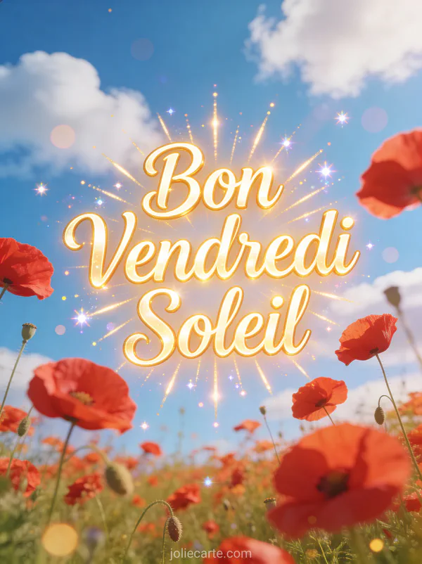Champ de coquelicots rouges sous ciel bleu avec nuages blancs et texte Bon Vendredi Soleil radieux