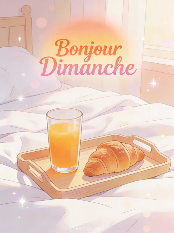 Image bonjour dimanche avec plateau de croissant et jus d'orange sur draps blancs