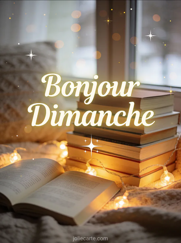 Image dimanche bonjour avec coin lecture cosy, livres empilés et guirlandes lumineuses