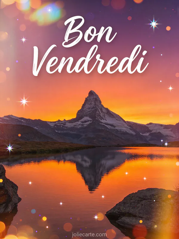 Silhouette de montagne au coucher du soleil avec ciel orange violet se reflétant dans lac calme avec texte Bon Vendredi