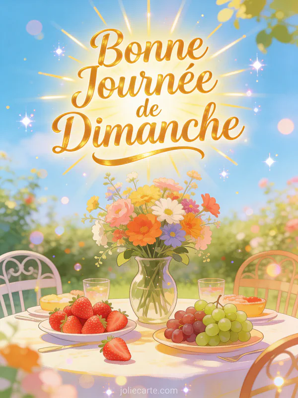 Carte bonne journée de dimanche avec table de jardin, fruits frais et fleurs ensoleillés