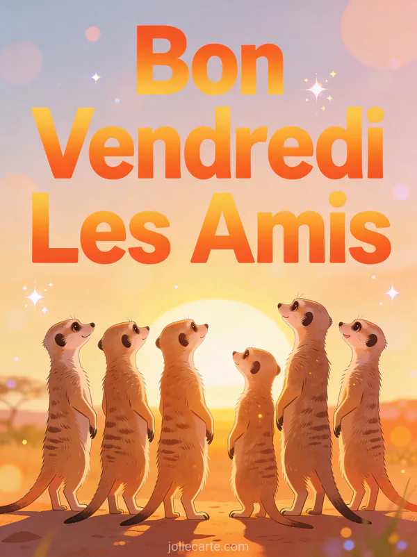 Groupe de suricates debout regardant le lever du soleil ensemble avec texte Bon Vendredi Les Amis orange
