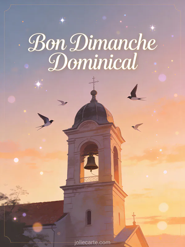 Carte bon dimanche dominical avec clocher d'église et hirondelles tournoyant à l'aube