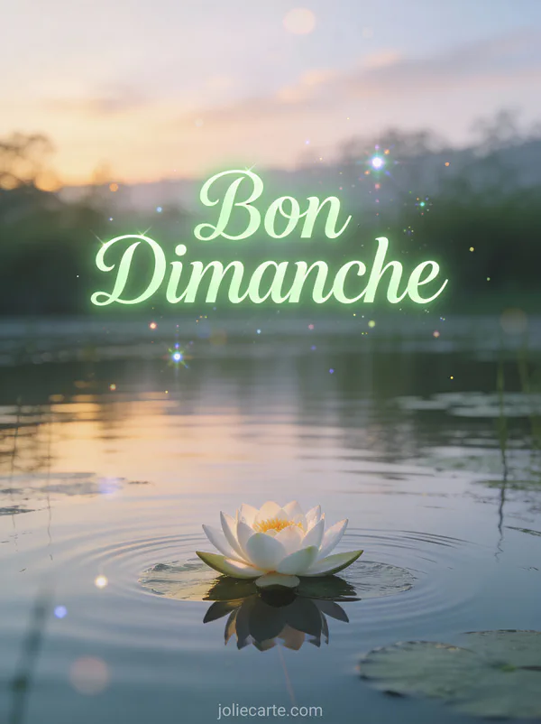 Carte citation bon dimanche spirituel avec fleur de lotus sur étang calme à l'aube