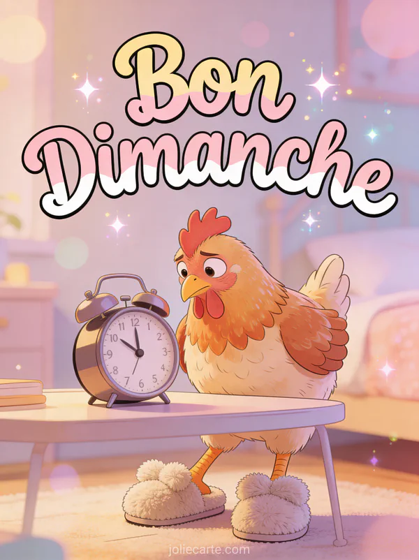 Carte citation bon dimanche humour avec poule confuse en chaussons regardant le réveil