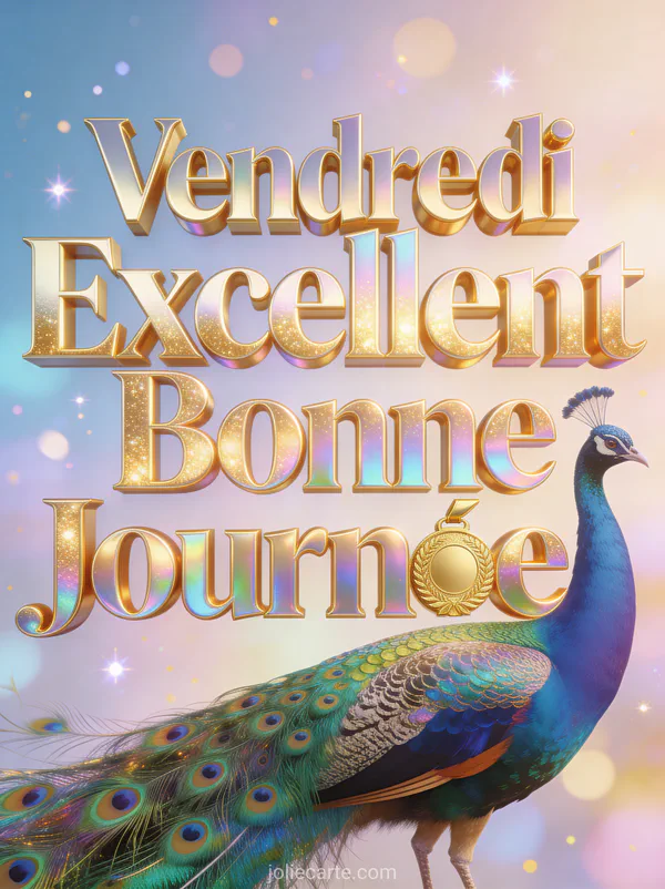 Paon déployant ses plumes magnifiques aux couleurs irisées avec texte Excellent Vendredi doré