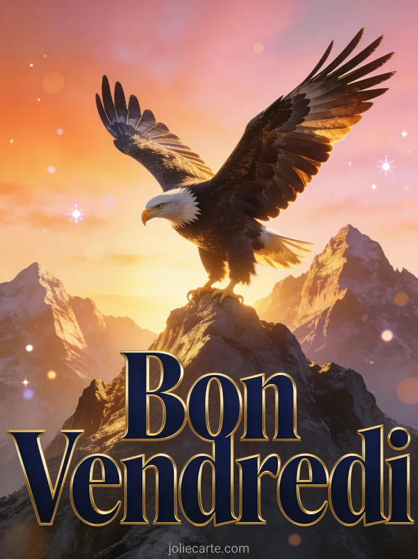 Aigle majestueux planant au-dessus des sommets montagneux au lever du soleil avec texte Bon Vendredi puissant