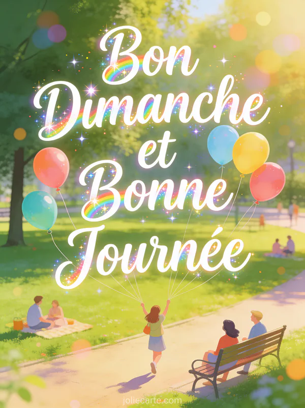 Carte bon dimanche et bonne journée avec ballons colorés dans un parc ensoleillé
