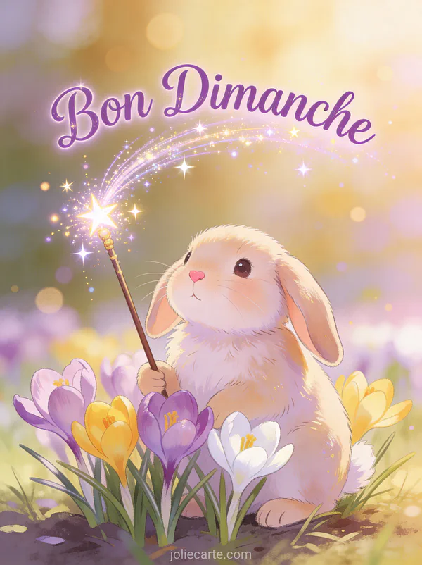 GIF bon dimanche avec lapin adorable entouré de crocus printaniers