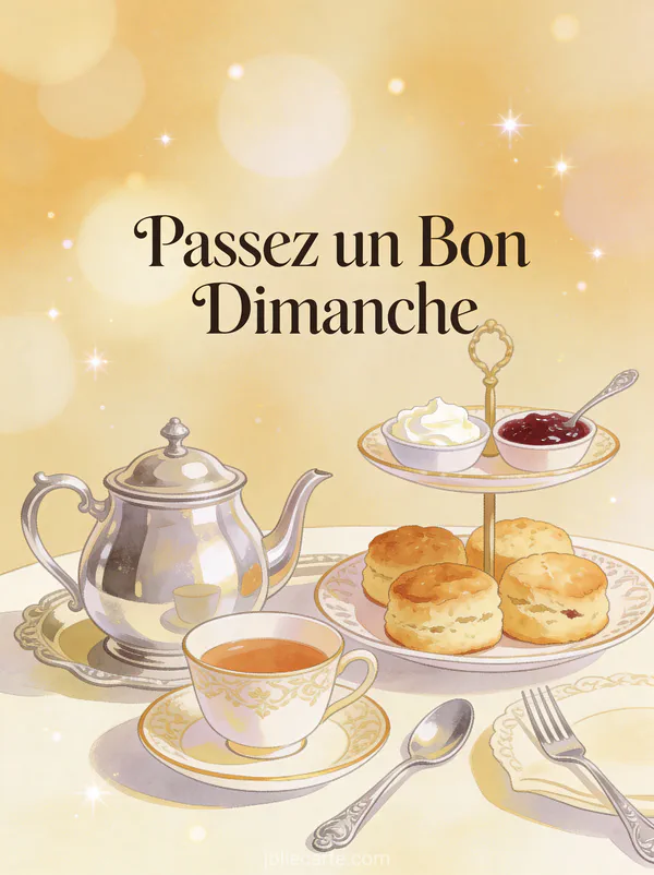 Carte passez un bon dimanche avec service à thé argenté et scones raffinés