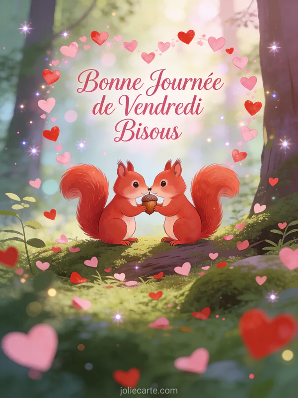 Deux écureuils roux partageant un gland et se touchant le nez avec confettis coeurs et texte Bonne Journée de Vendredi