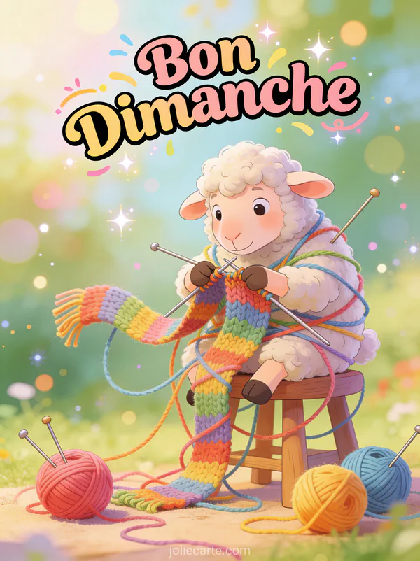 Carte bon dimanche rigolo avec mouton hilarant emmêlé dans des pelotes de laine