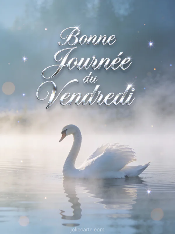Cygne blanc glissant gracieusement sur lac brumeux à l'aube avec texte Bonne Journée du Vendredi argenté