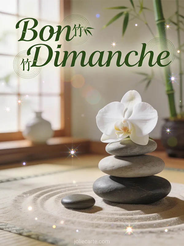 Image bon dimanche zen avec pierres empilées et orchidée blanche dans un coin méditation