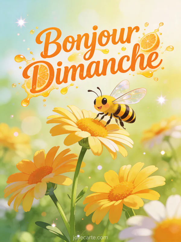 GIF bonjour dimanche avec abeille butinant des marguerites jaunes en été