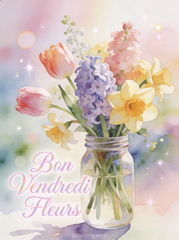 Bouquet de tulipes jonquilles et jacinthes dans bocal en verre avec texte Bon Vendredi Fleurs en aquarelle