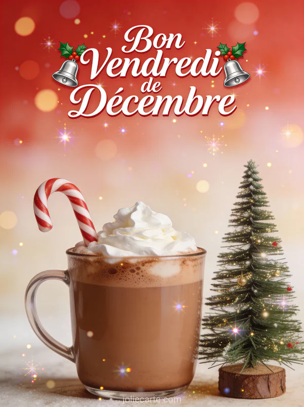 Tasse de chocolat chaud avec chantilly et sucre d'orge près d'un mini sapin de Noël avec texte Bon Vendredi de Décembre
