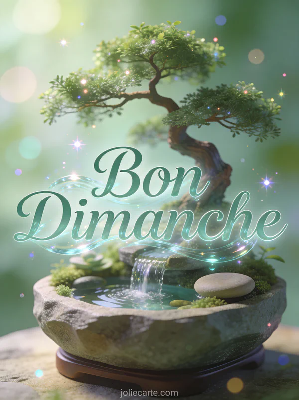 Carte zen citations bon dimanche avec bonsaï et fontaine miniature dans un décor zen