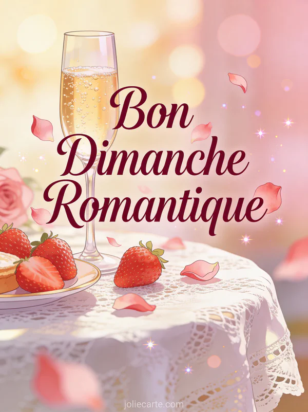 Carte bon dimanche romantique avec petit-déjeuner champagne et fraises sur lit