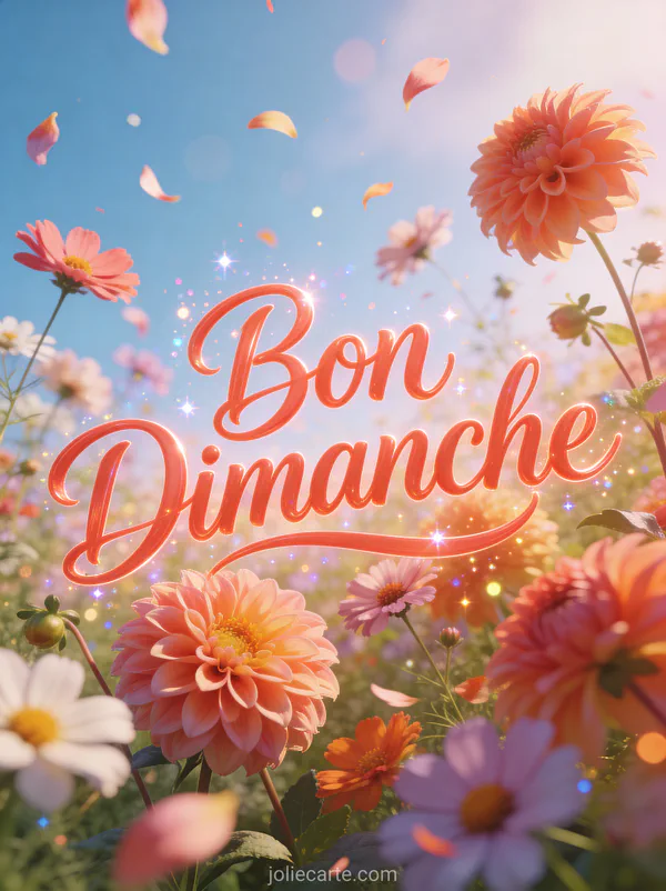 GIF bon dimanche fleurs avec dahlias et cosmos colorés dansant dans la brise d'été