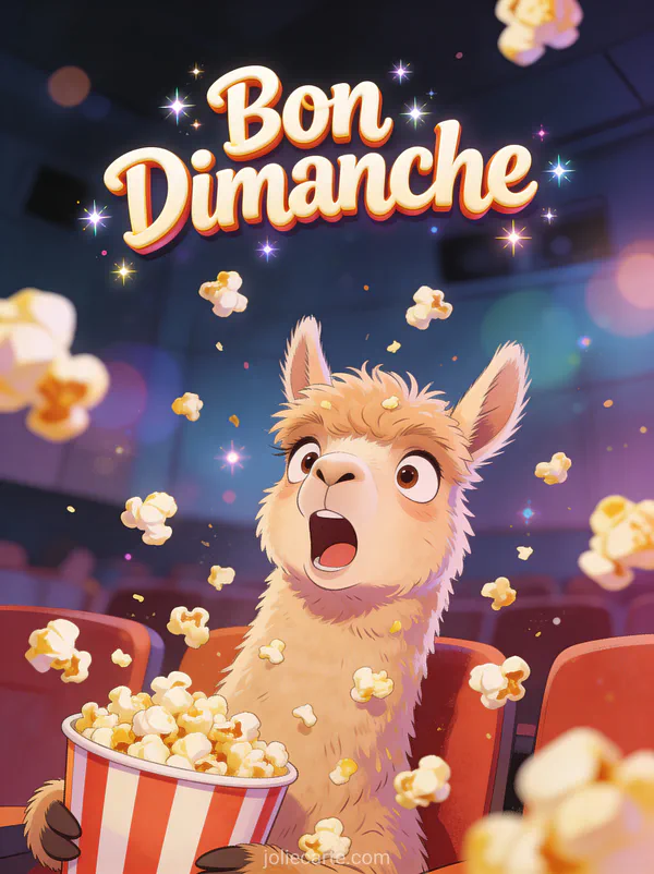 Carte rigolote humoristique bon dimanche avec lama surpris et popcorn qui vole partout