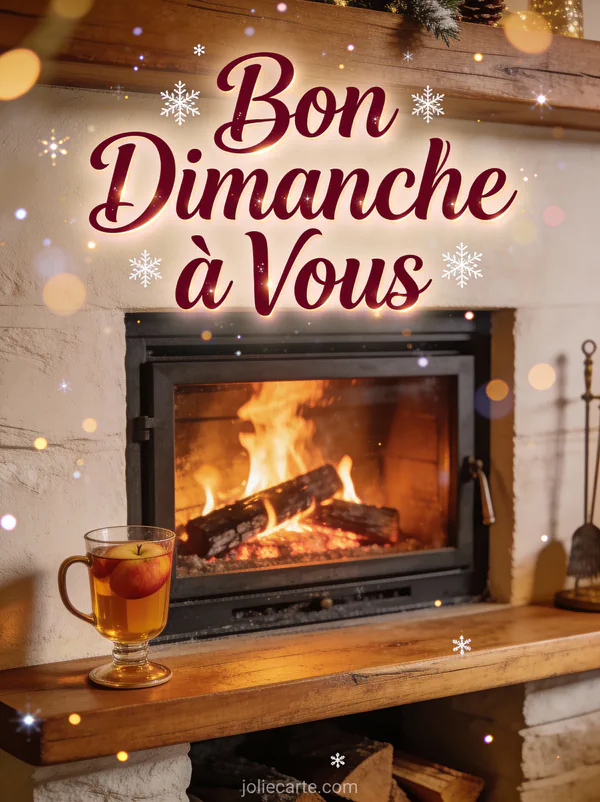 Carte bon dimanche à vous avec cheminée crépitante et cidre de pomme chaud