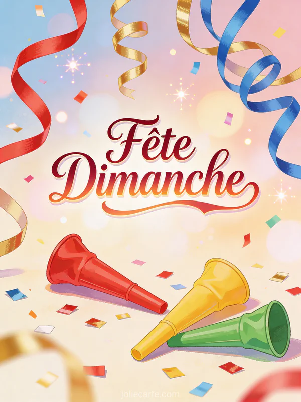 Carte fête dimanche avec confettis colorés, serpentins et cotillons festifs