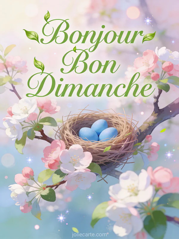 Carte bonjour bon dimanche bonne journée avec nid d'oiseau et oeufs bleus dans arbre fleuri