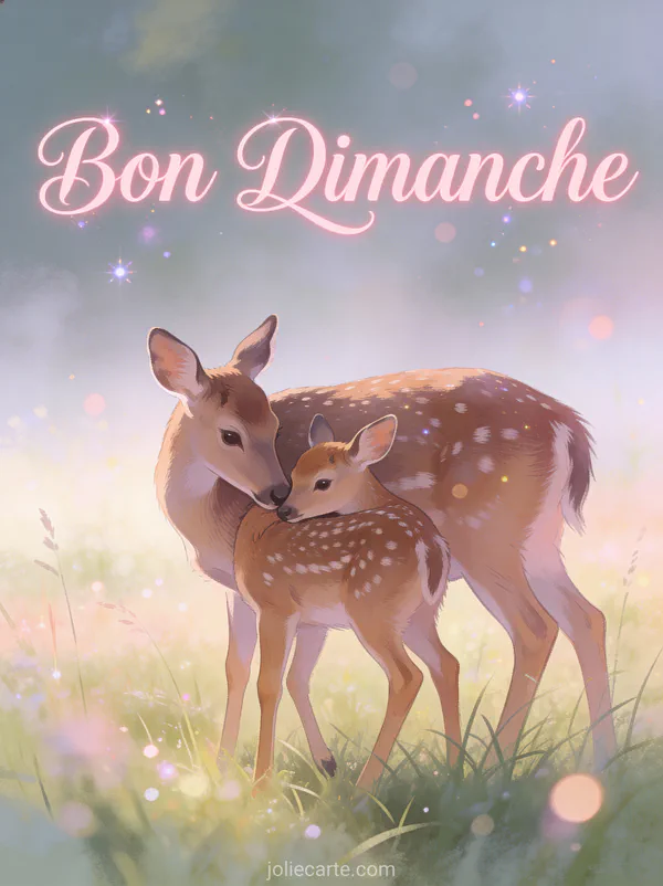 Carte tendresse bon dimanche avec biche et son faon dans une prairie brumeuse au matin