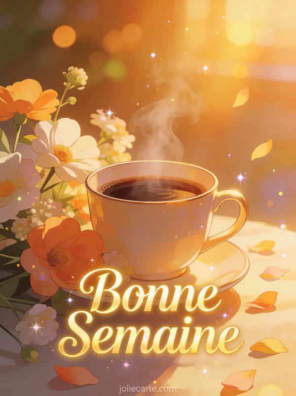 Image Bonne Semaine avec tasse de cafe fumante et fleurs fraiches dans une lumiere doree